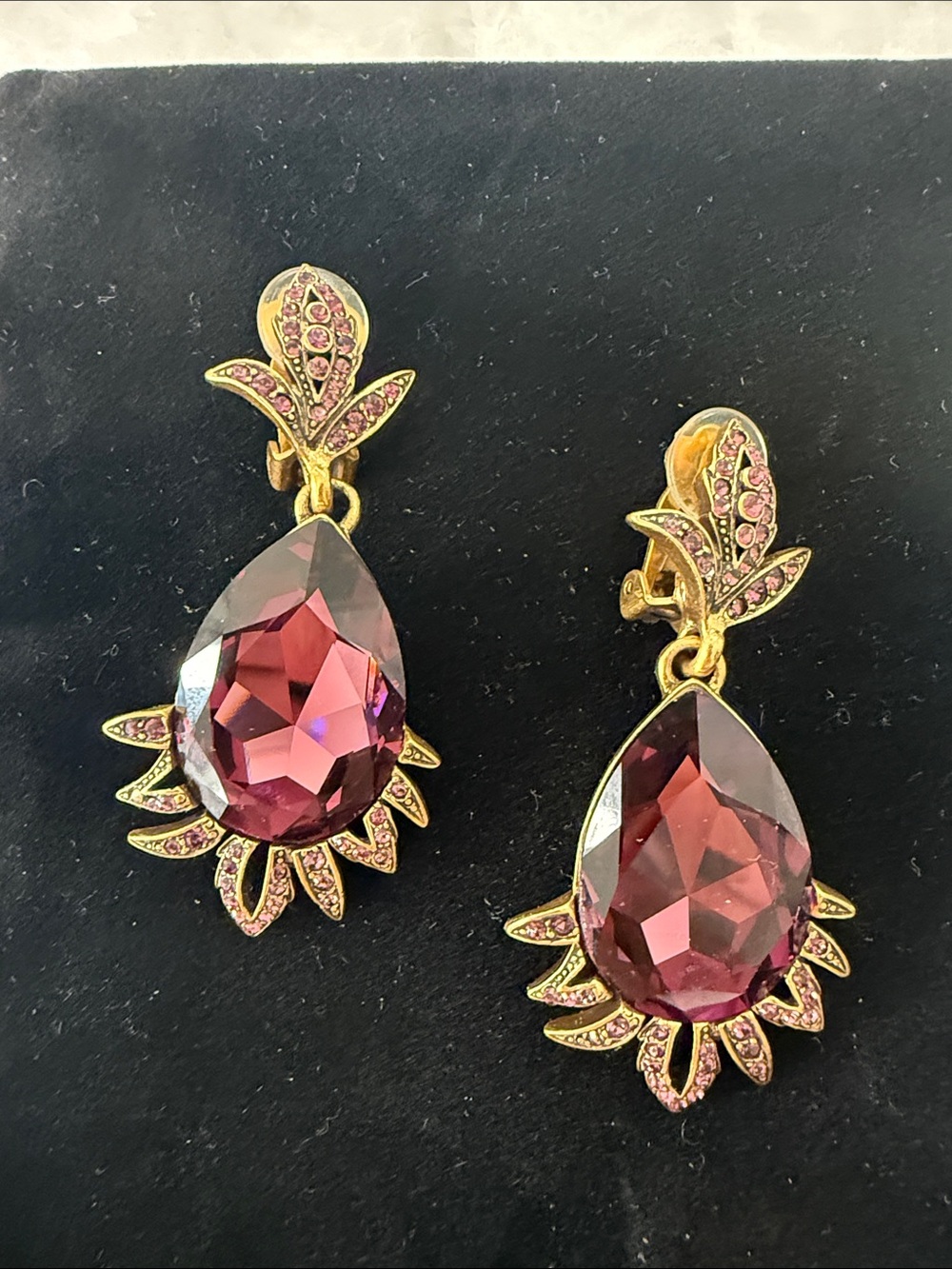 Oscar de la Renta Gold-tone Earrings with Deep Pink Teardrop Crystals